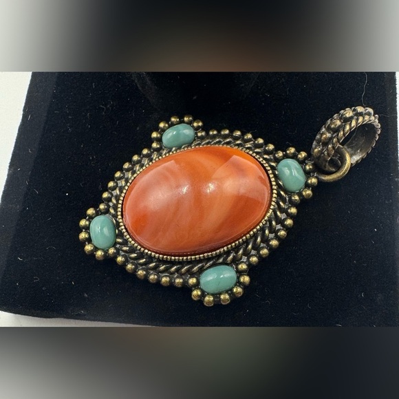 Nancy & Rise Jewelry - Vintage (1980s) Nancy & Rise Pendant Bronze Tone Coral & Turquoise Colored Stone